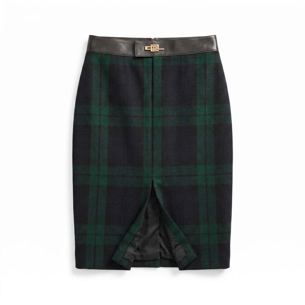 100% Wool 100% Leather Blackwatch Tartan Plaid Pencil Mini Skirt